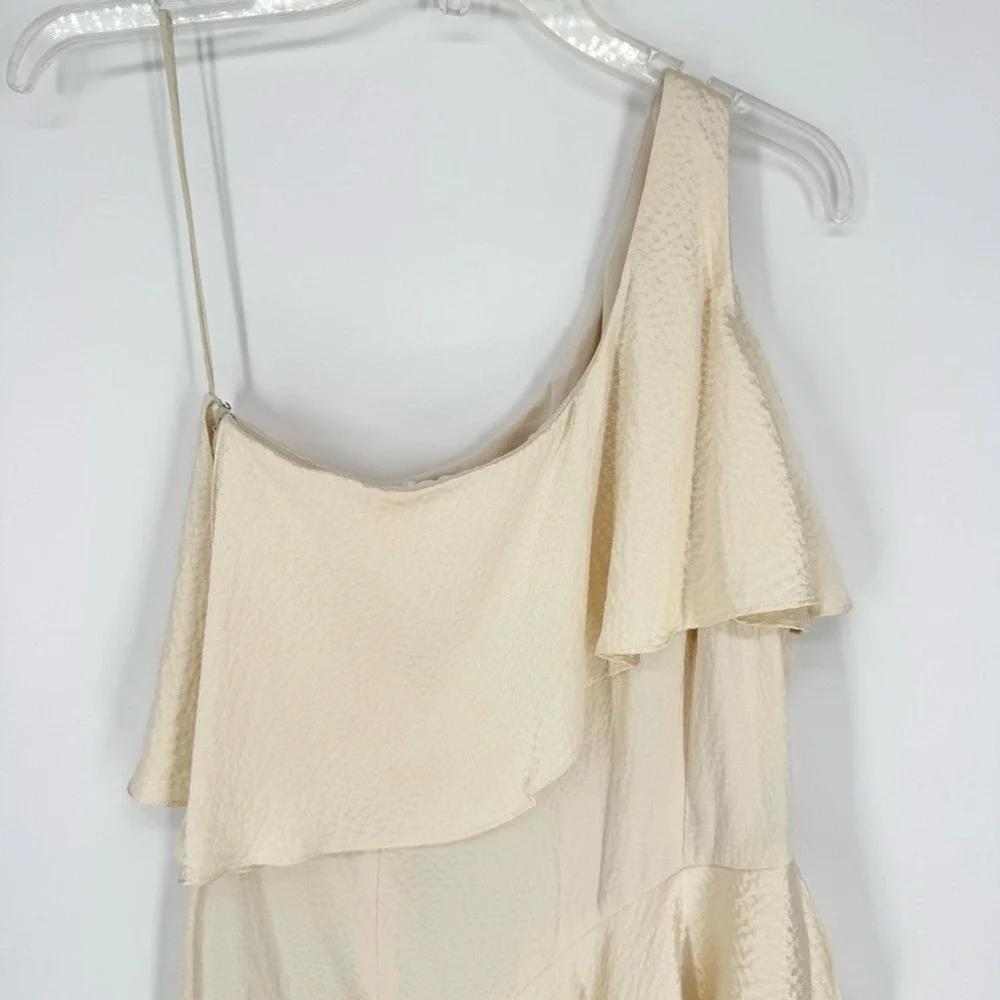 Haney Rae Silk One Shoulder Asymmetrical Tiered Midi Dress Ivory Size 4 Cocktail